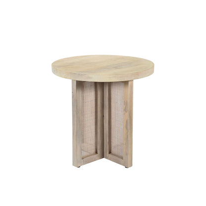 22" Natural Solid Wood And Rattan Round End Table