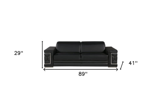 89" Black Leather Sofa With Silver Legs