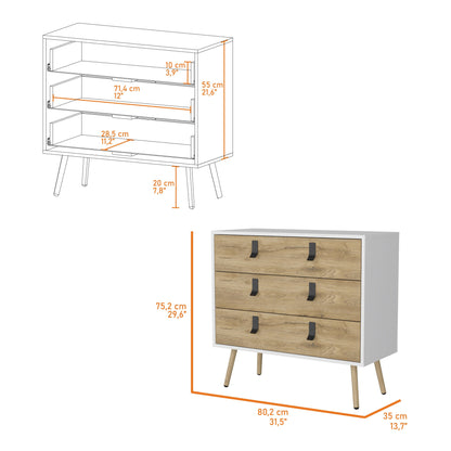 Commode à trois tiroirs blanche et naturelle de 32 po