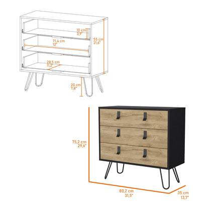 Commode à trois tiroirs de 32 po en bois naturel et noir