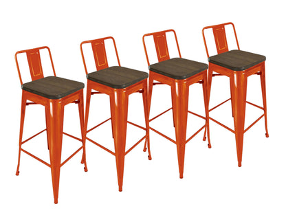 Ensemble de quatre chaises de bar à dossier bas en bois et acier de 30 po, marron et orange