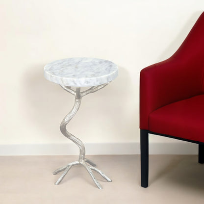 22" Silver And White Marble Round End Table