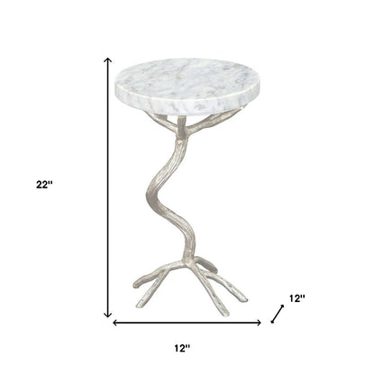 22" Silver And White Marble Round End Table